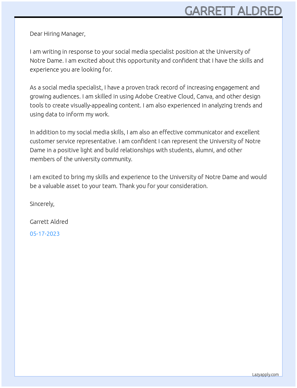 Social Media Specialist At University of Notre Dame Cover Letter