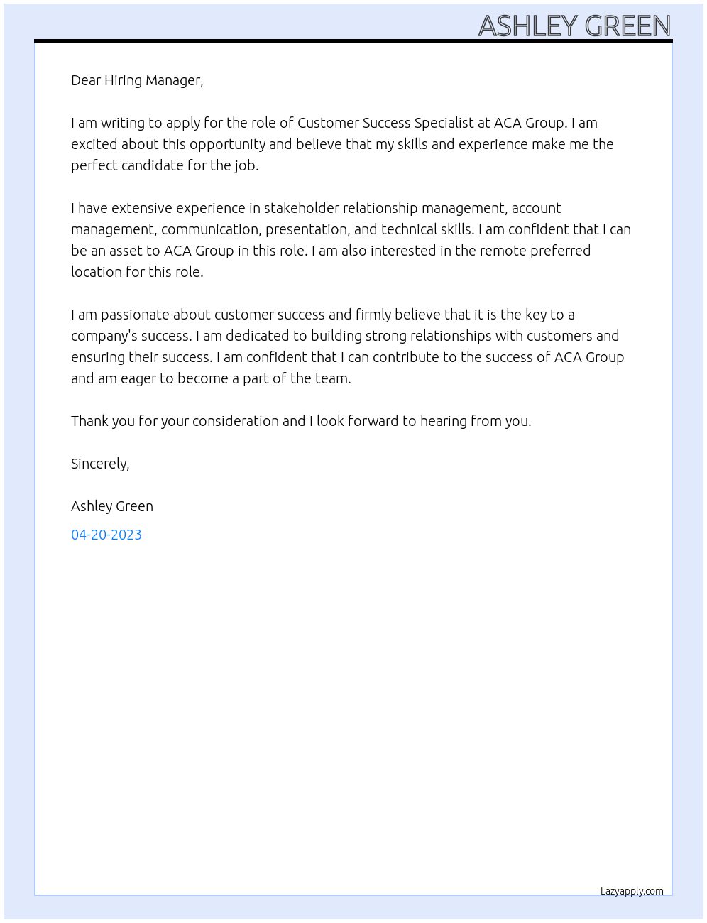 Customer Success Specialist At ACA Group Cover Letter