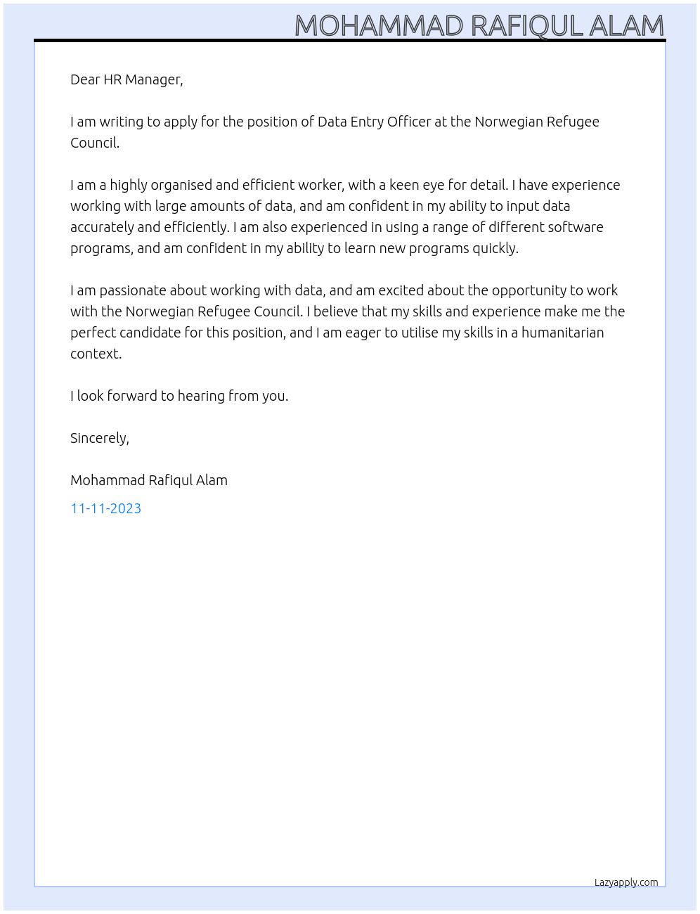 Data Entry Officer At Norwegian Refugee Council  Cover Letter