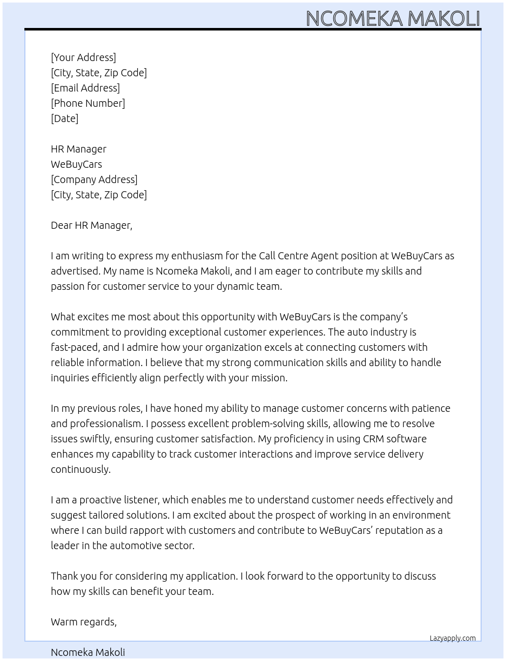 Call centre agent At WeBuyCars Cover Letter