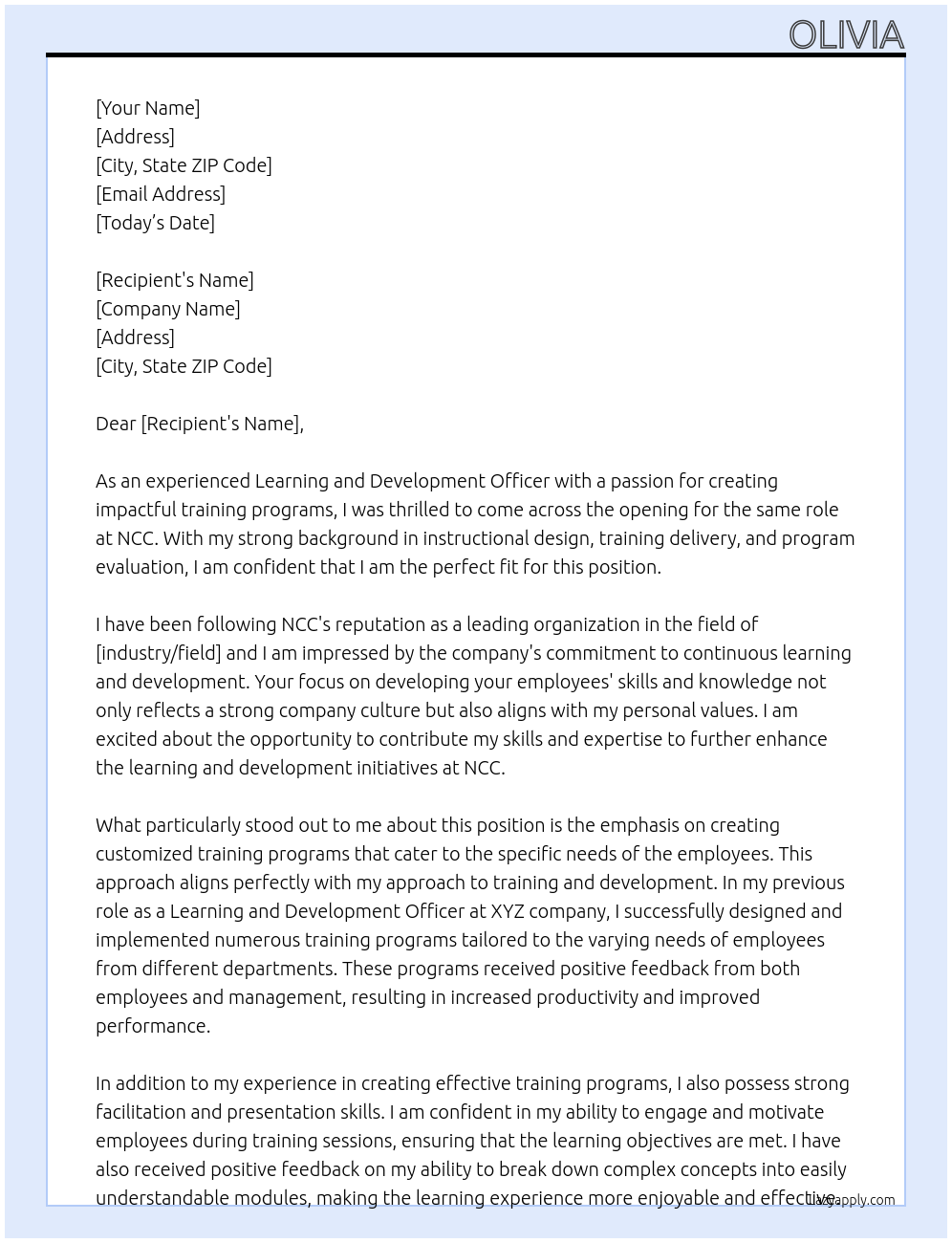 Learning and Development Officer At NCC Cover Letter