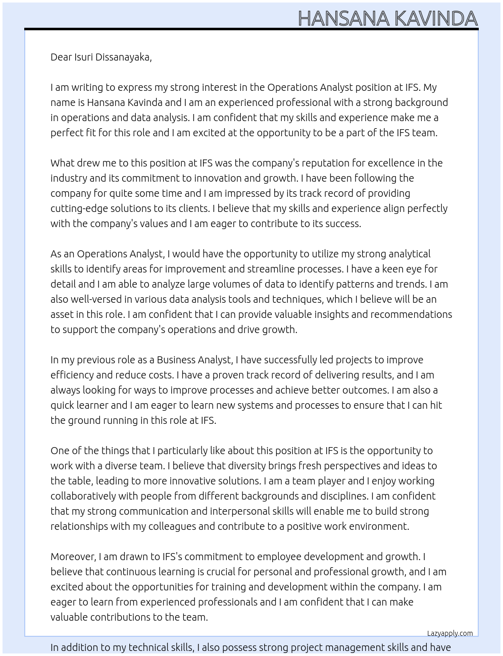 Operations Analyst At IFS Cover Letter