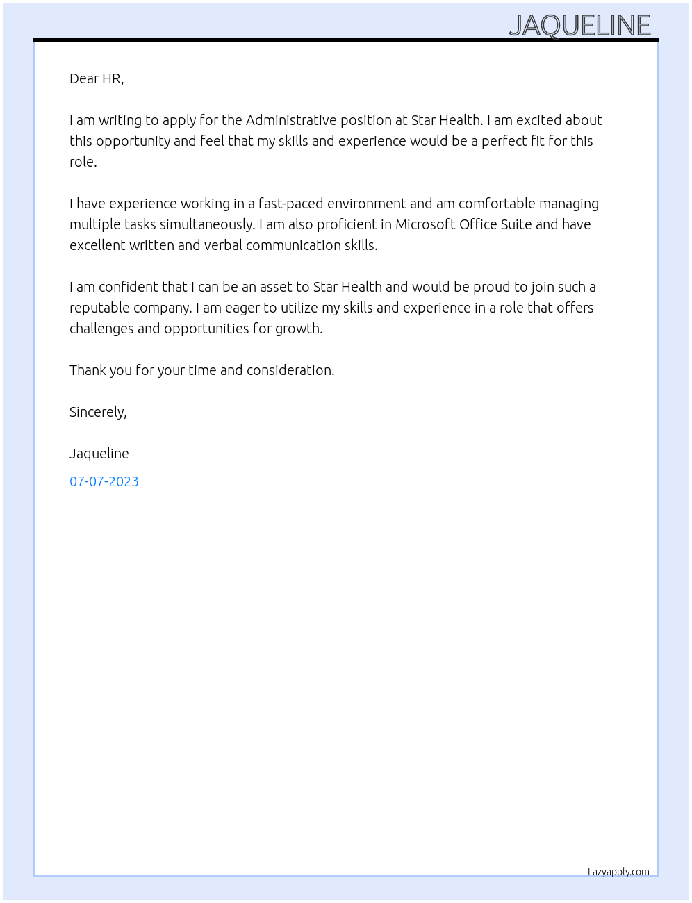 Administrative At Star Health Cover Letter