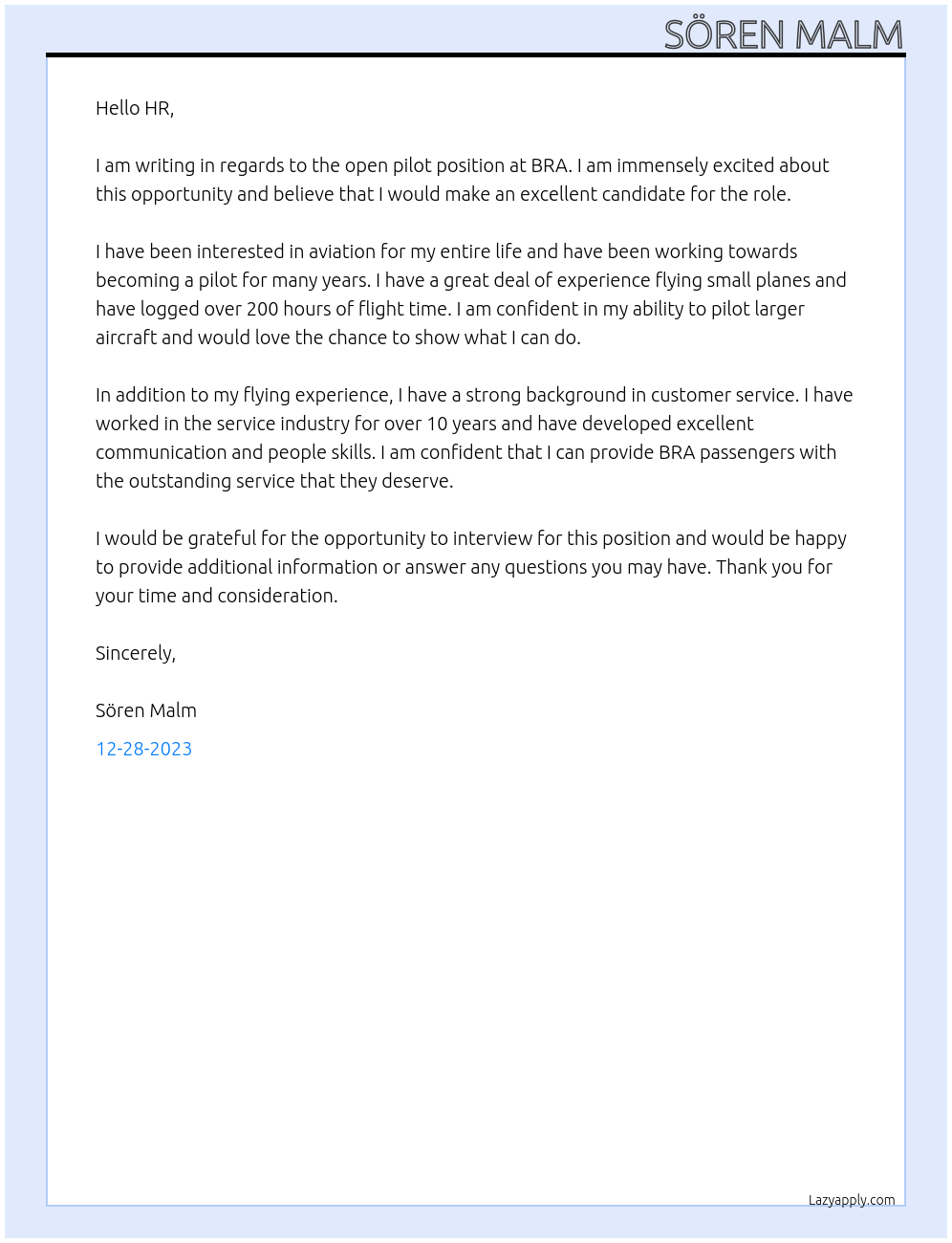 Pilot At BRA Cover Letter