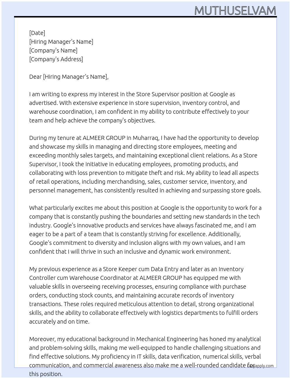 Store supervisor At Google Cover Letter