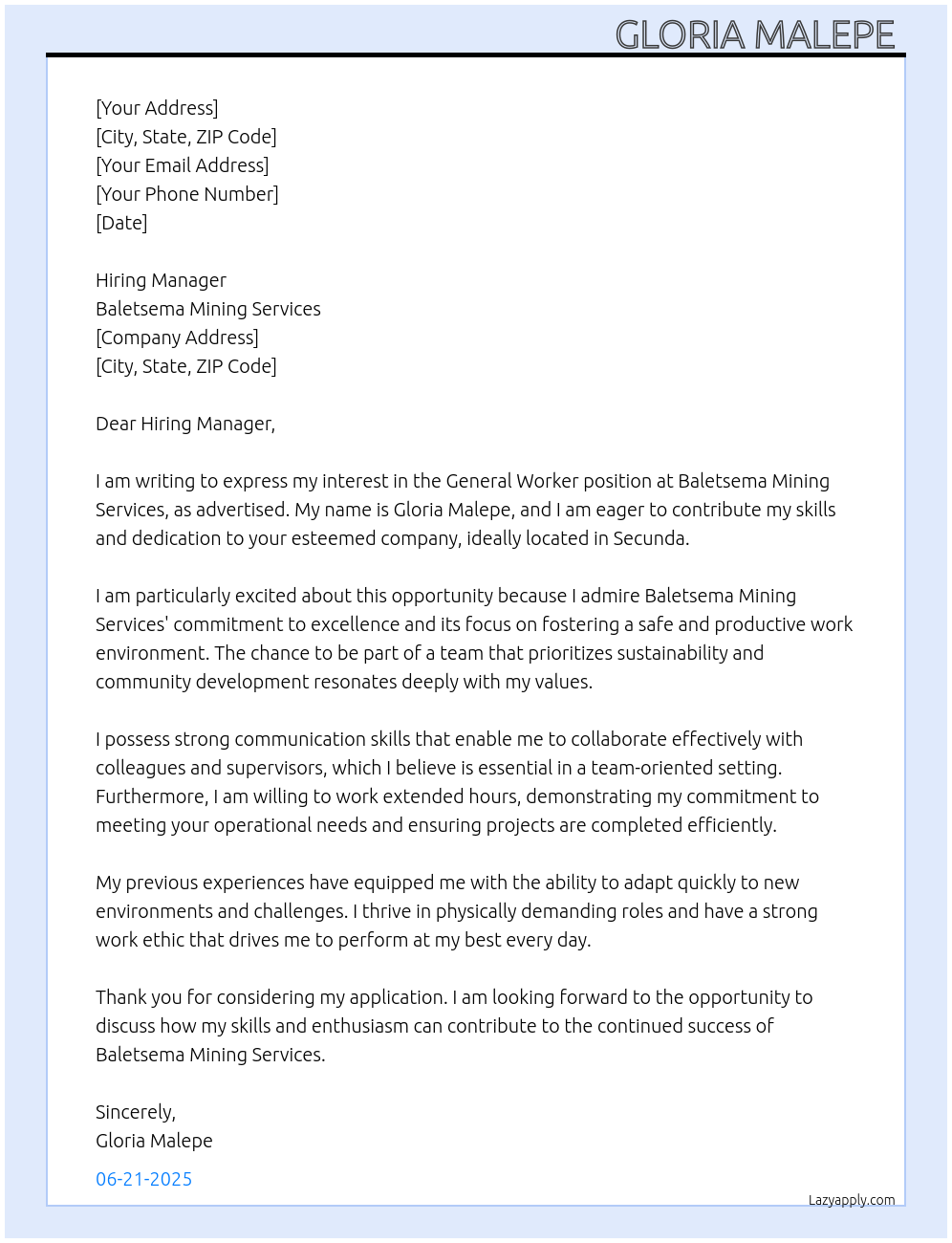 General Worker At Baletsema mining services Cover Letter