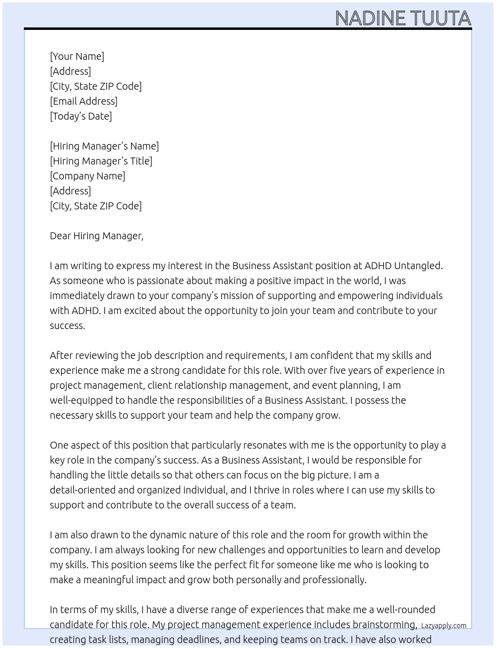 Business Assistant At ADHD Untangled Cover Letter