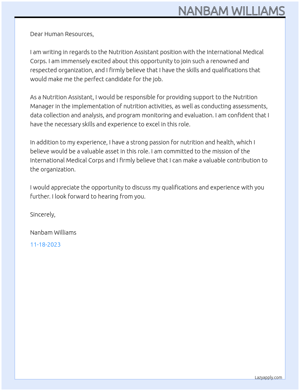 Nutrition assistant At international medical corps Cover Letter