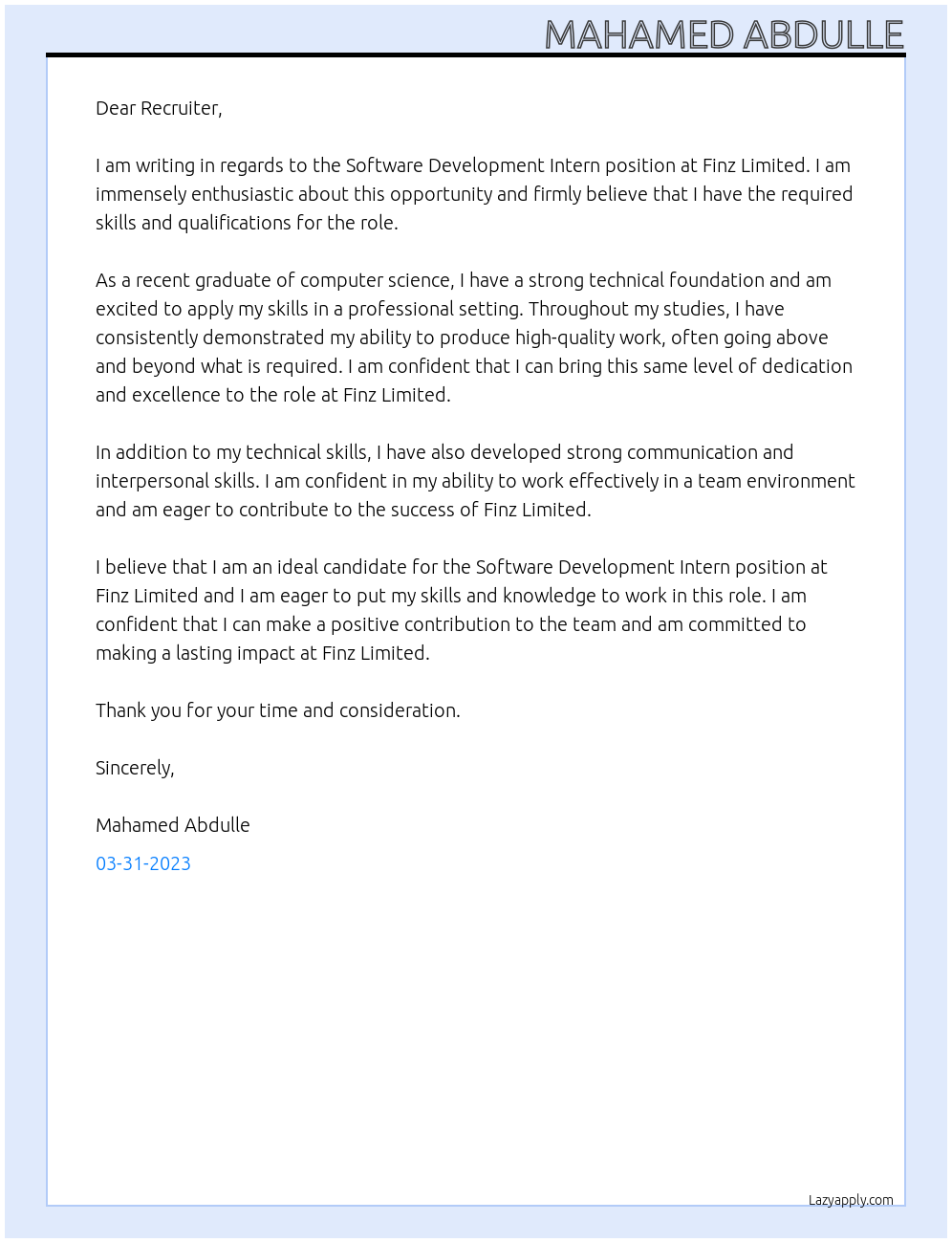 Software Development Intern At Finz Limited Cover Letter