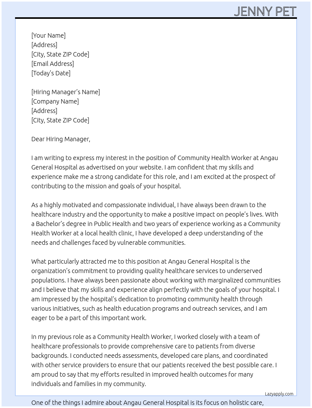 Community Health Worker At Angau General Hospital Cover Letter