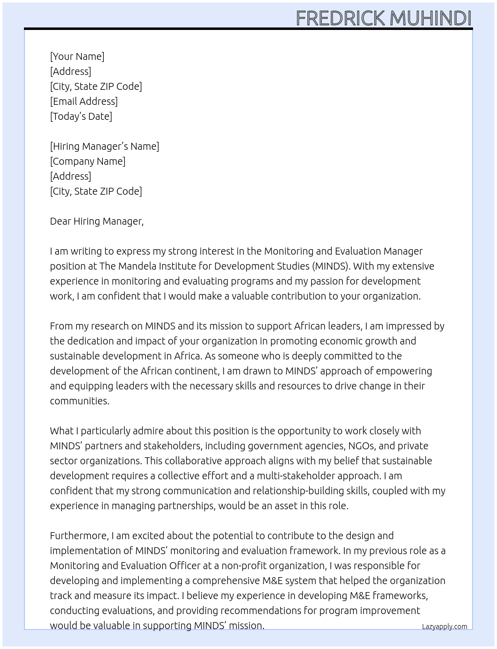 Cover letter for monitoring and evaluation manager - LazyApply