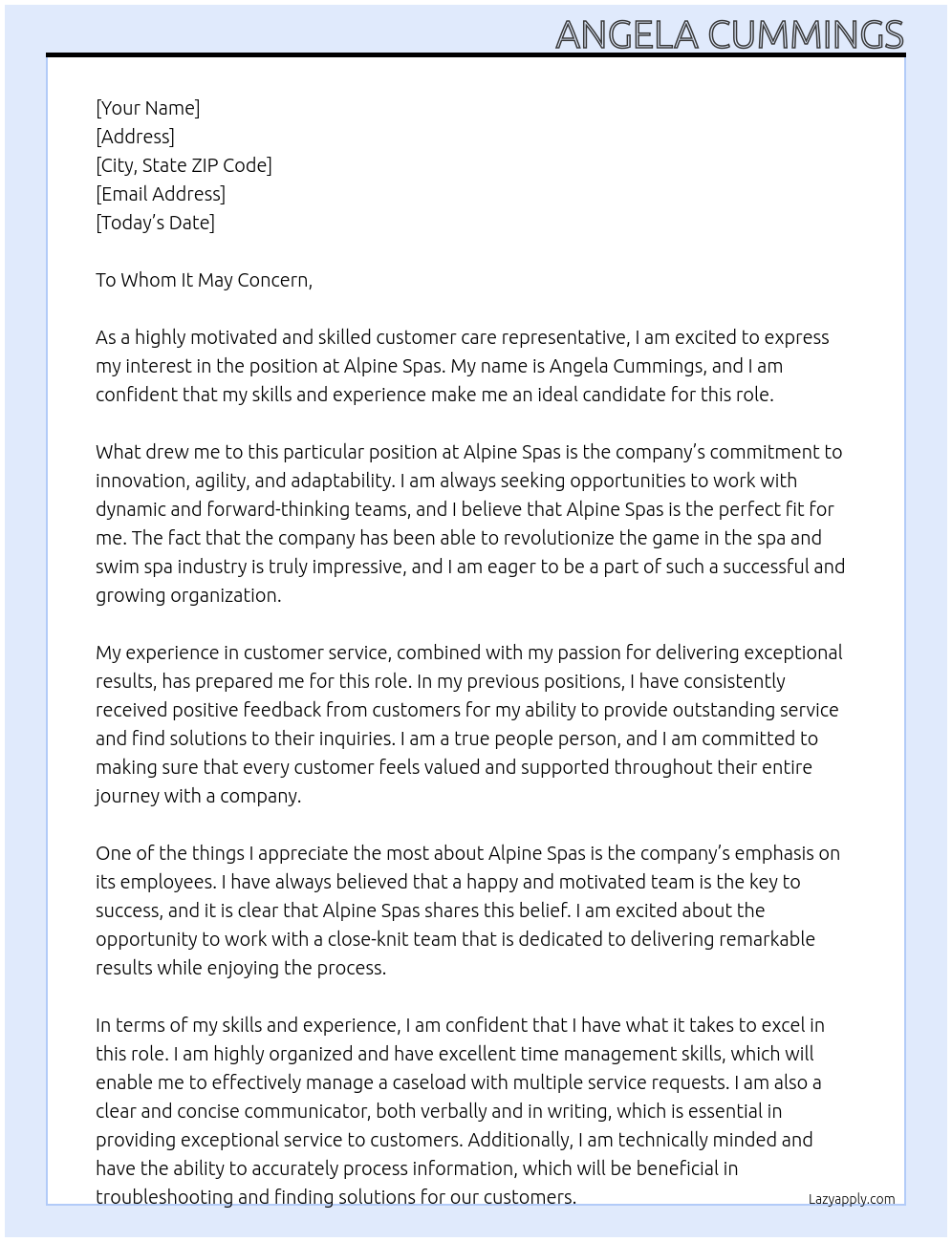 Customer Care Representative At Alpine Spas Cover Letter