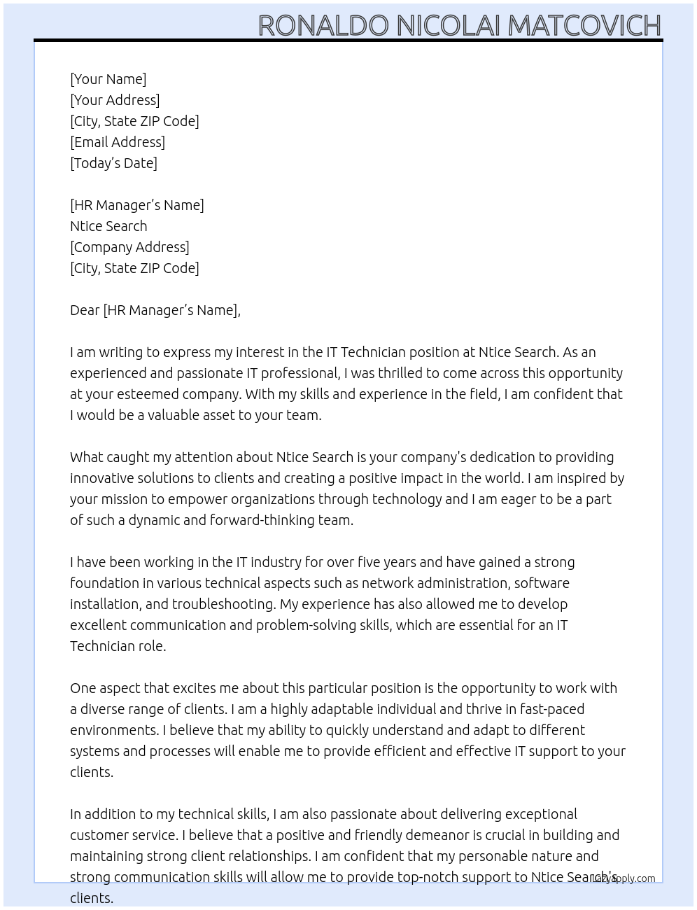 IT Technician At Ntice Search Cover Letter
