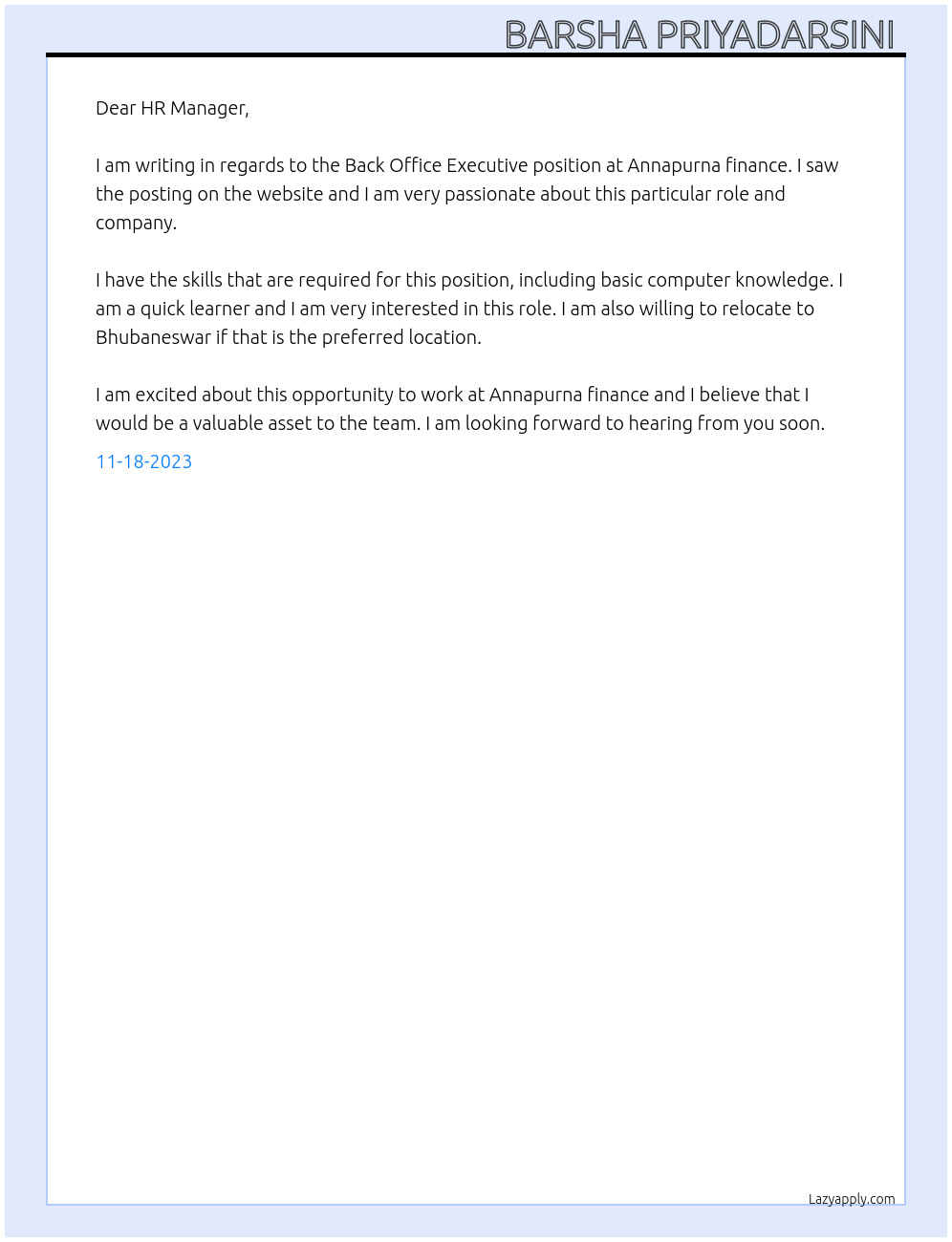 Back office executive At Annapurna finance Cover Letter