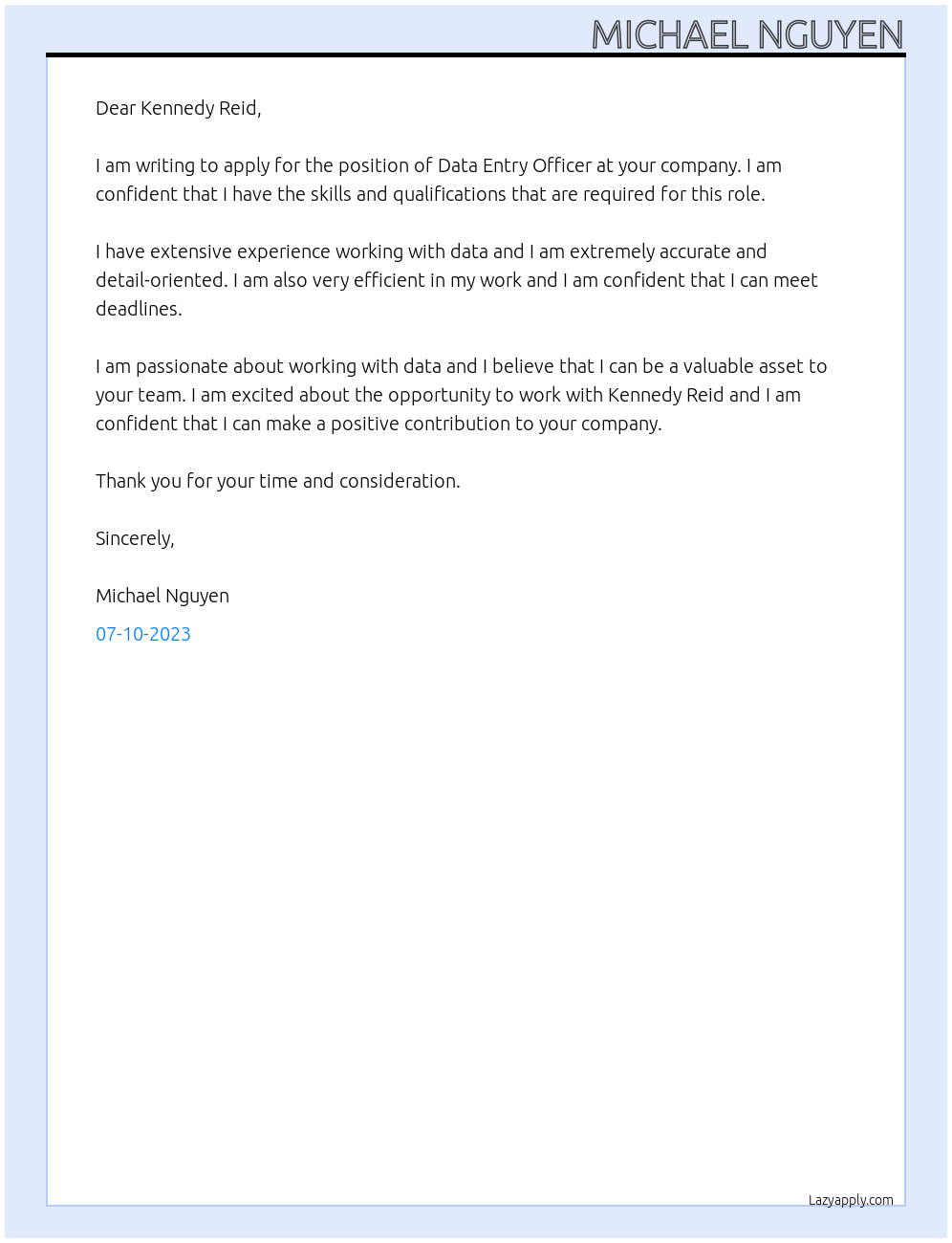 Data entry officer At Kennedy Reid Cover Letter