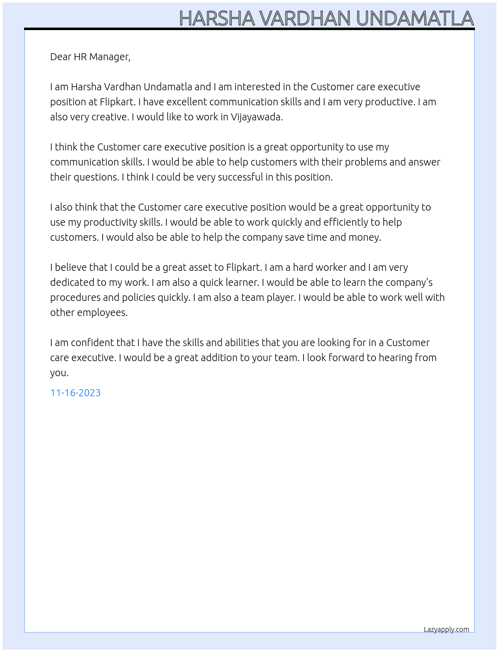 Customer care executive At Flipkart Cover Letter