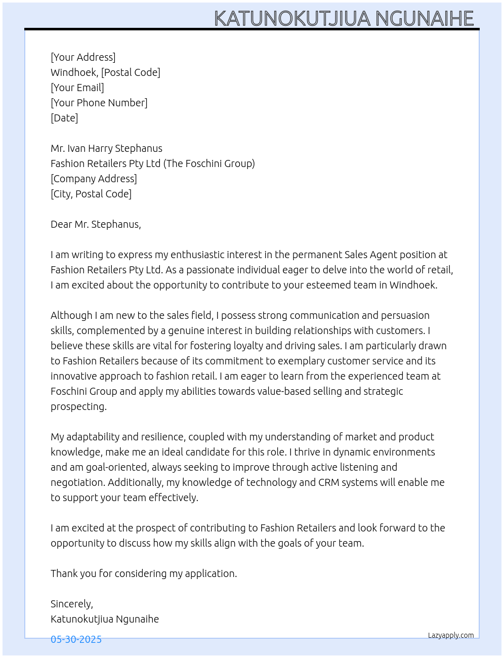 Sales agent At Fashion Retailers Pty Ltd ( The Foschini Group Cover Letter