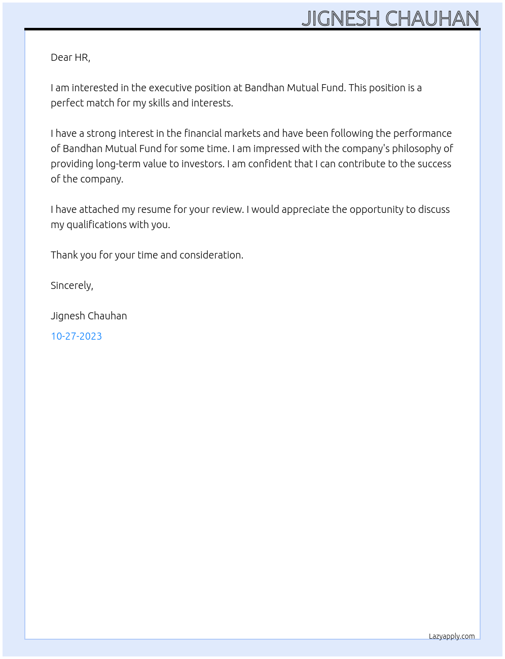 executive At BANDHAN MUTUAL FUND Cover Letter