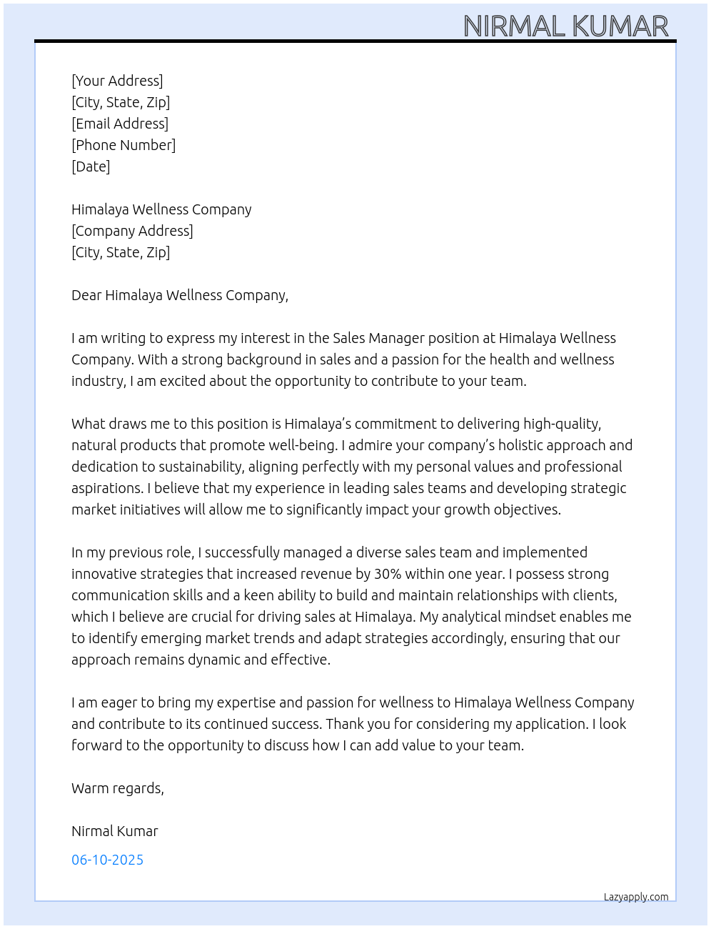 Sales manager At Himalaya wellness company Cover Letter