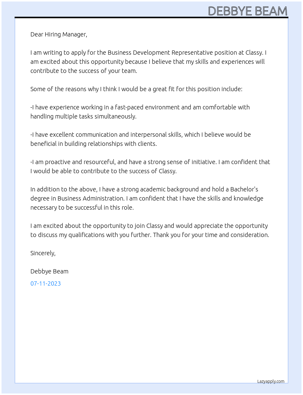 Business Development Representative At Classy Cover Letter