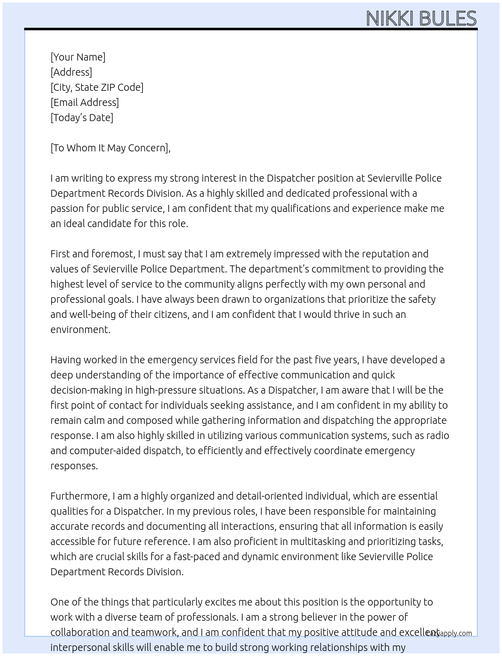 Dispatcher At Sevierville Police Department Records Division Cover Letter