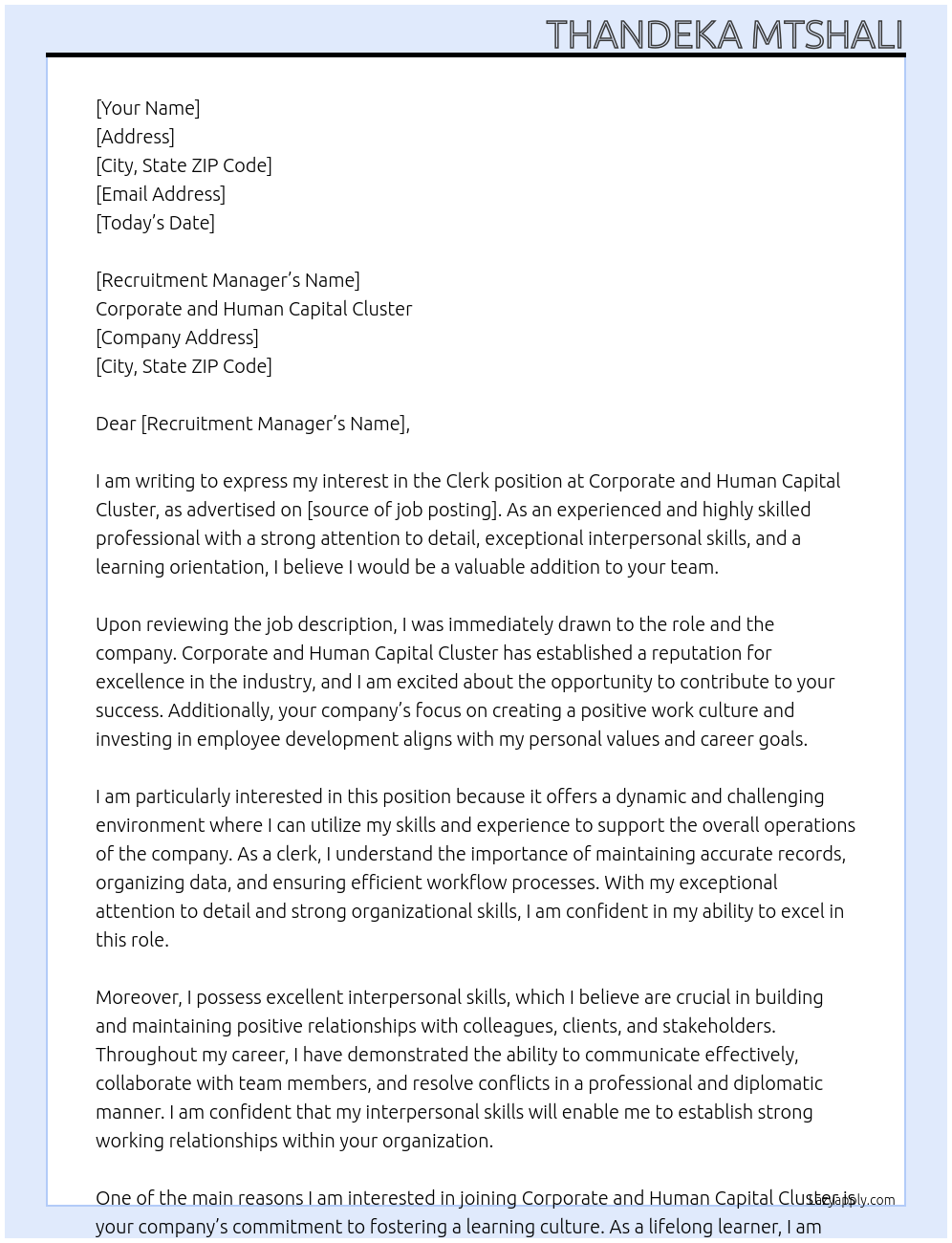 Clerk At Corporate and Human Capital Cluster Cover Letter