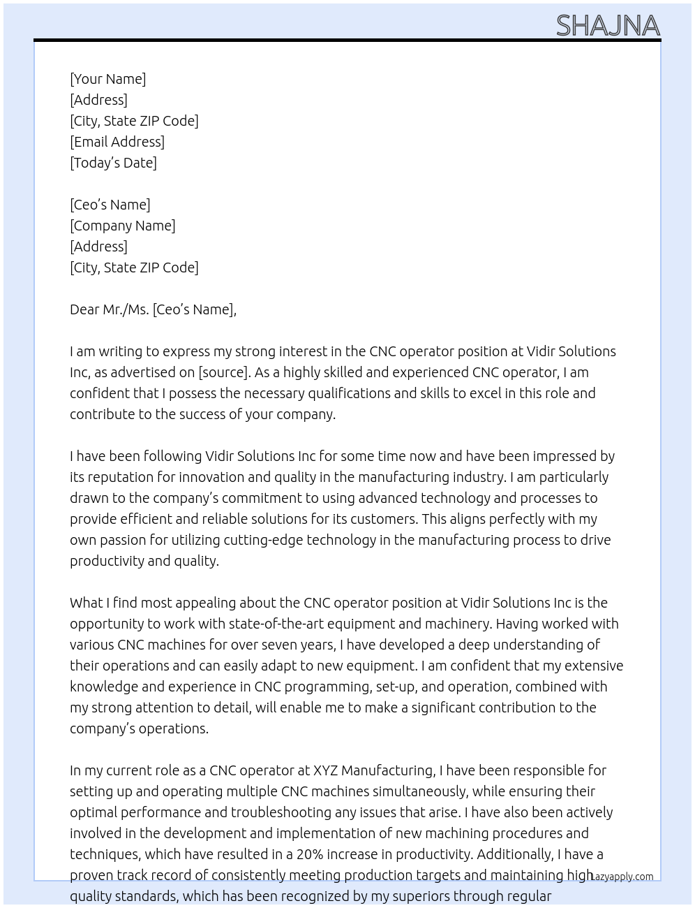 CNC operator At Vidir Solutions Inc Cover Letter