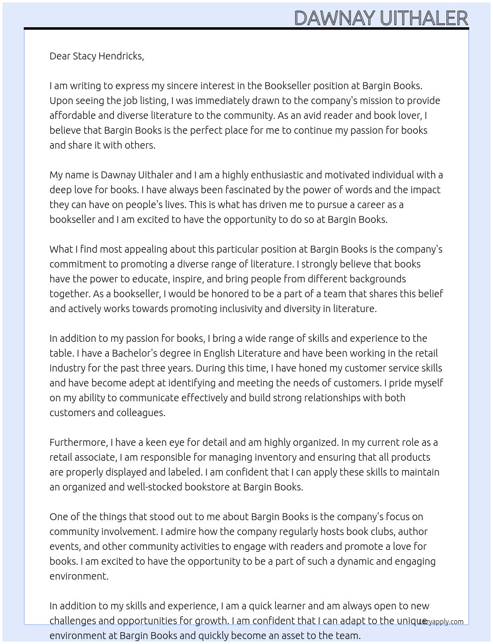 Bookseller At Bargin Books Cover Letter