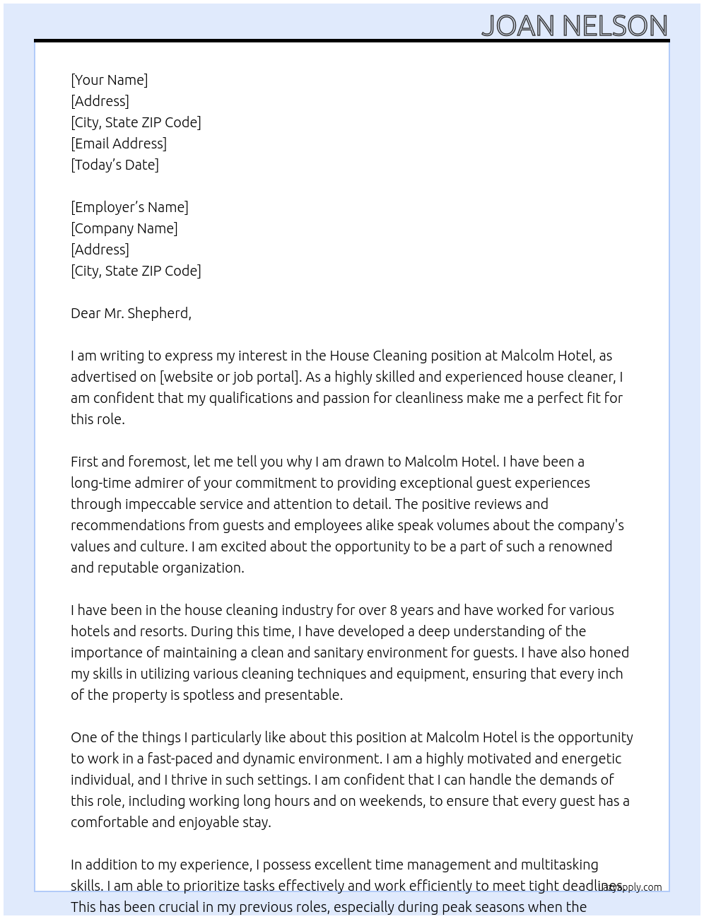 House Cleaning At Malcolm Hotel Cover Letter