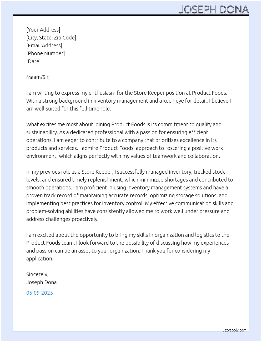 Store keeper At Product foods Cover Letter