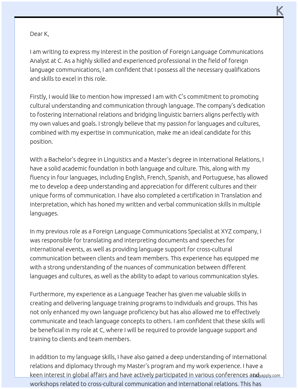 Foreign Language Communications Analyst  At C Cover Letter