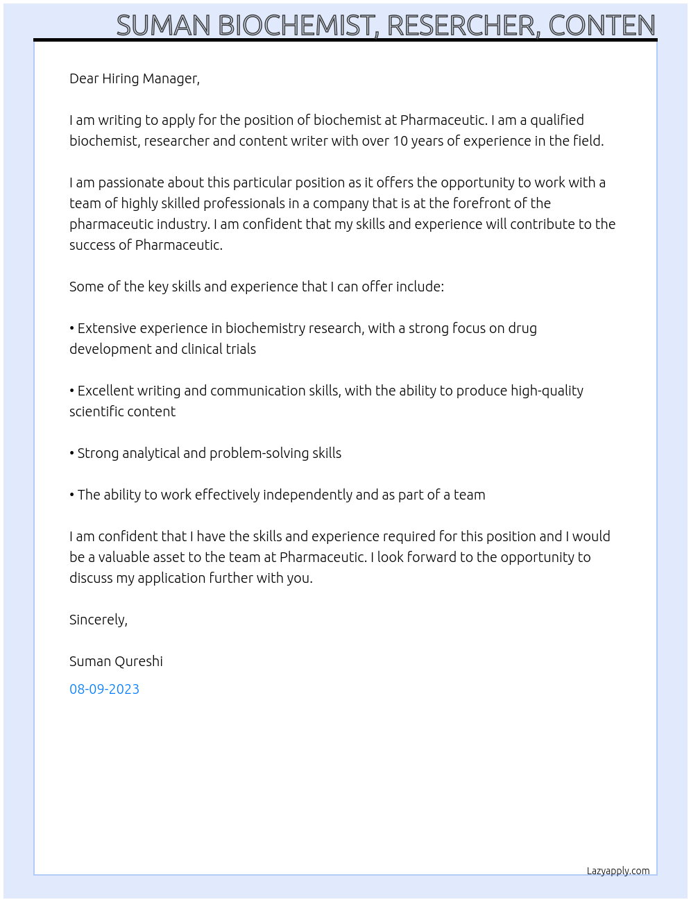 biochemist At Pharmaceutic Cover Letter