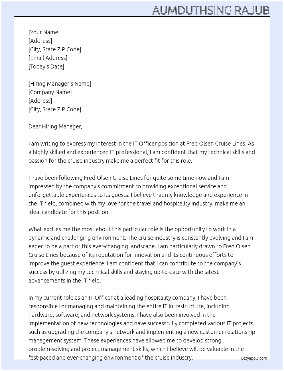 It Officer At Fred Olsen Cruise LInes Cover Letter