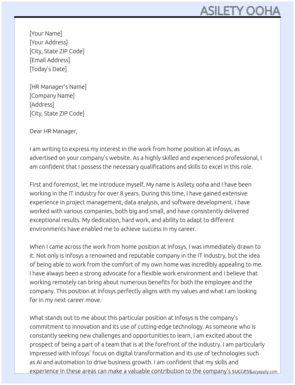 work from home At Infosys Cover Letter