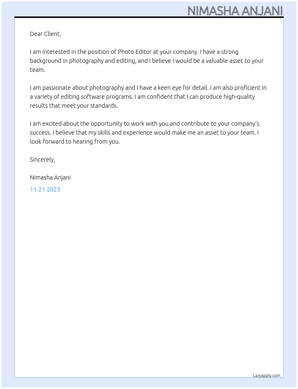 Photo editor At Unknown Cover Letter