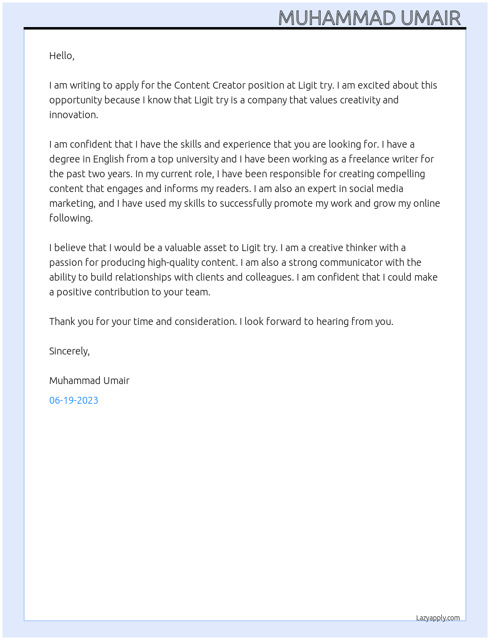 Content Creator  At Ligit try Cover Letter