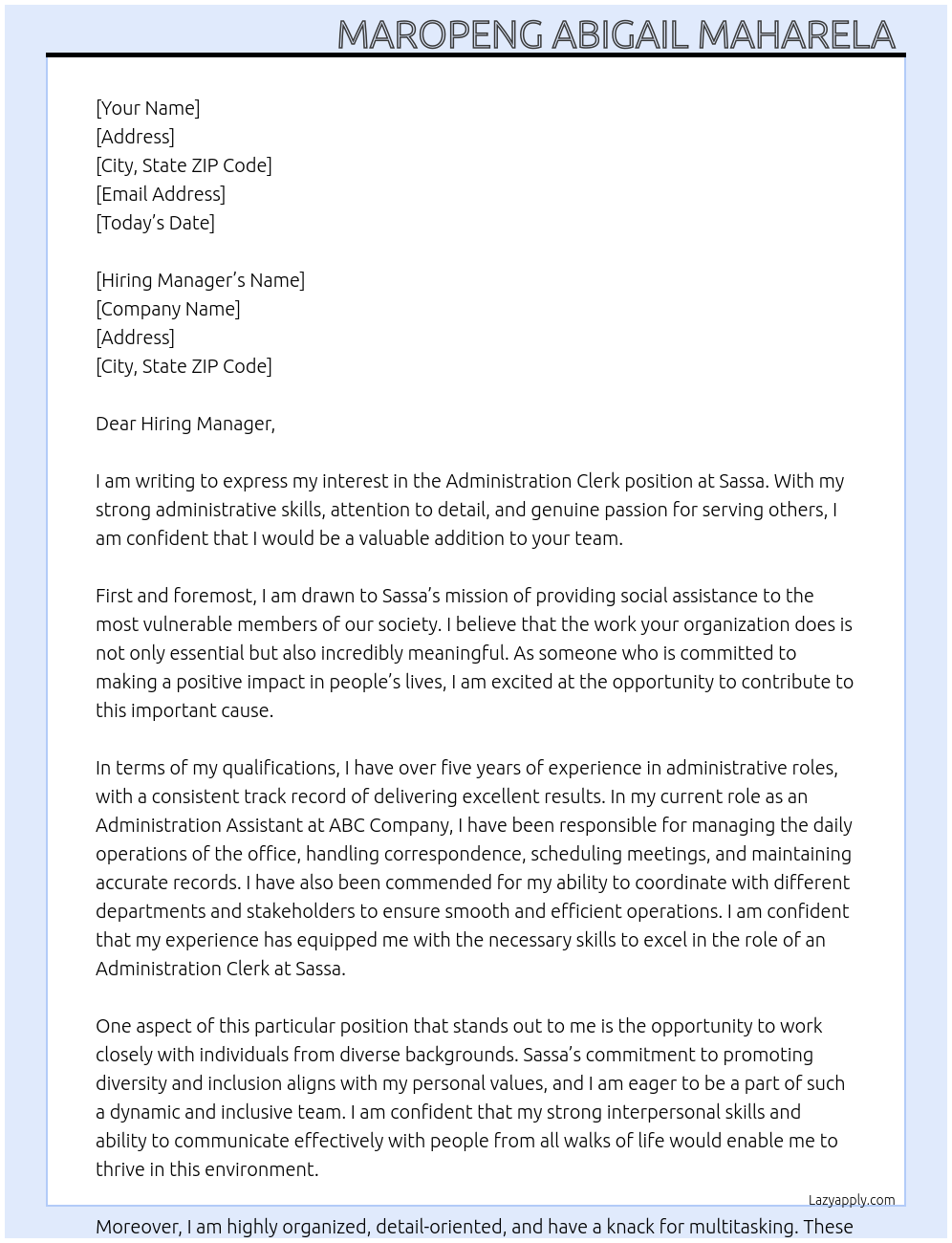 Administration clerk At Sassa Cover Letter