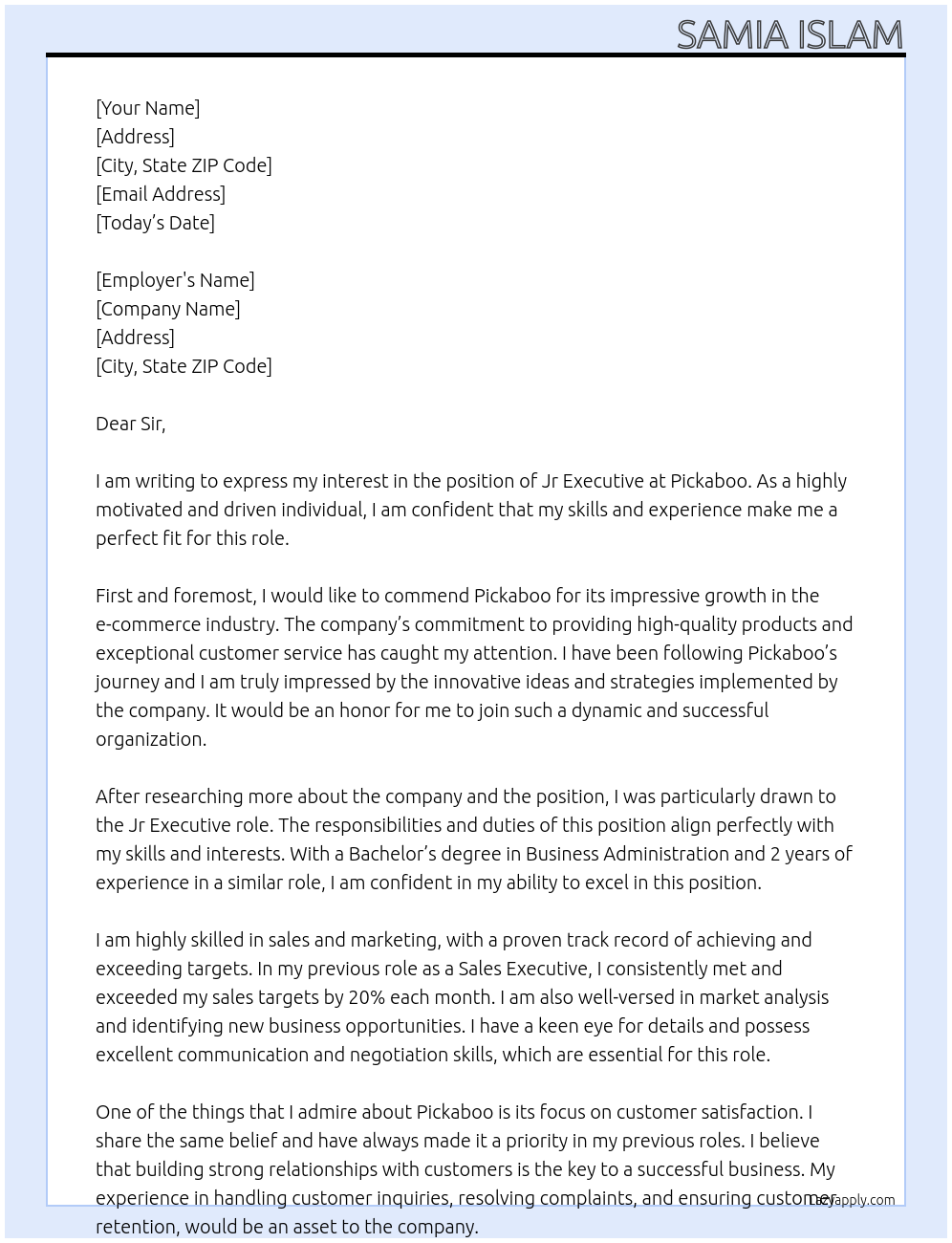 Jr Executive At Pickaboo Cover Letter