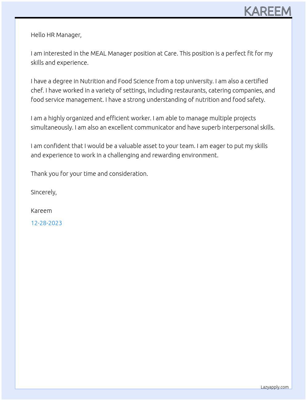 MEAL Manager At Care Cover Letter