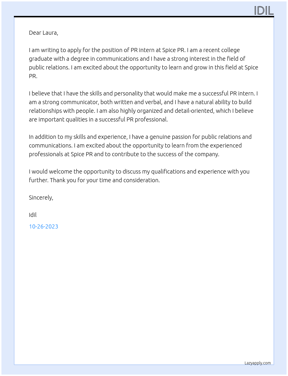 PR intern At Spice PR Cover Letter