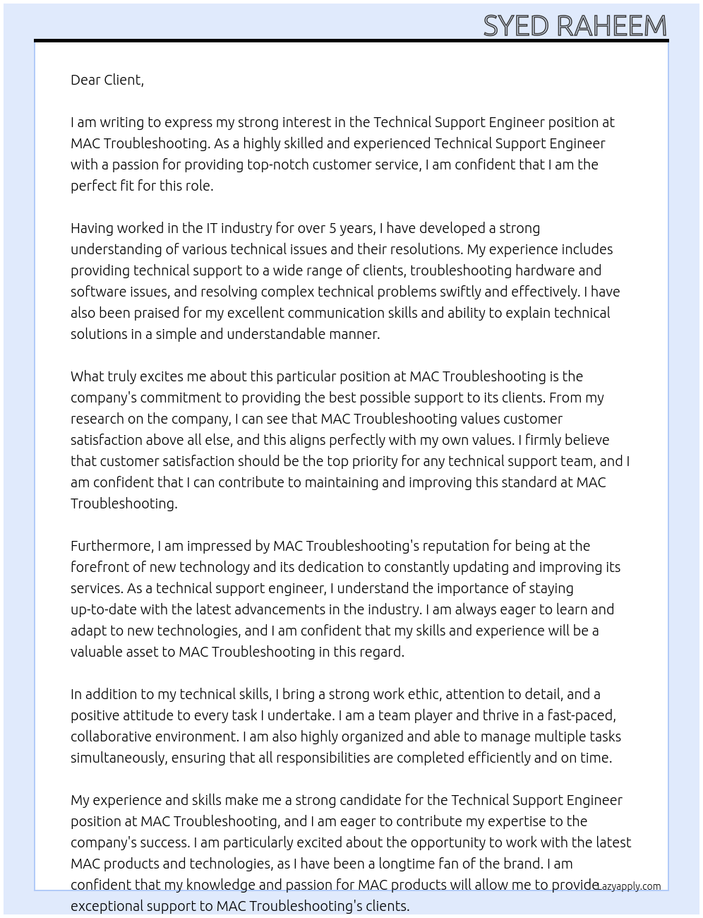 Technical support engineer At MAC Troubleshooting Cover Letter
