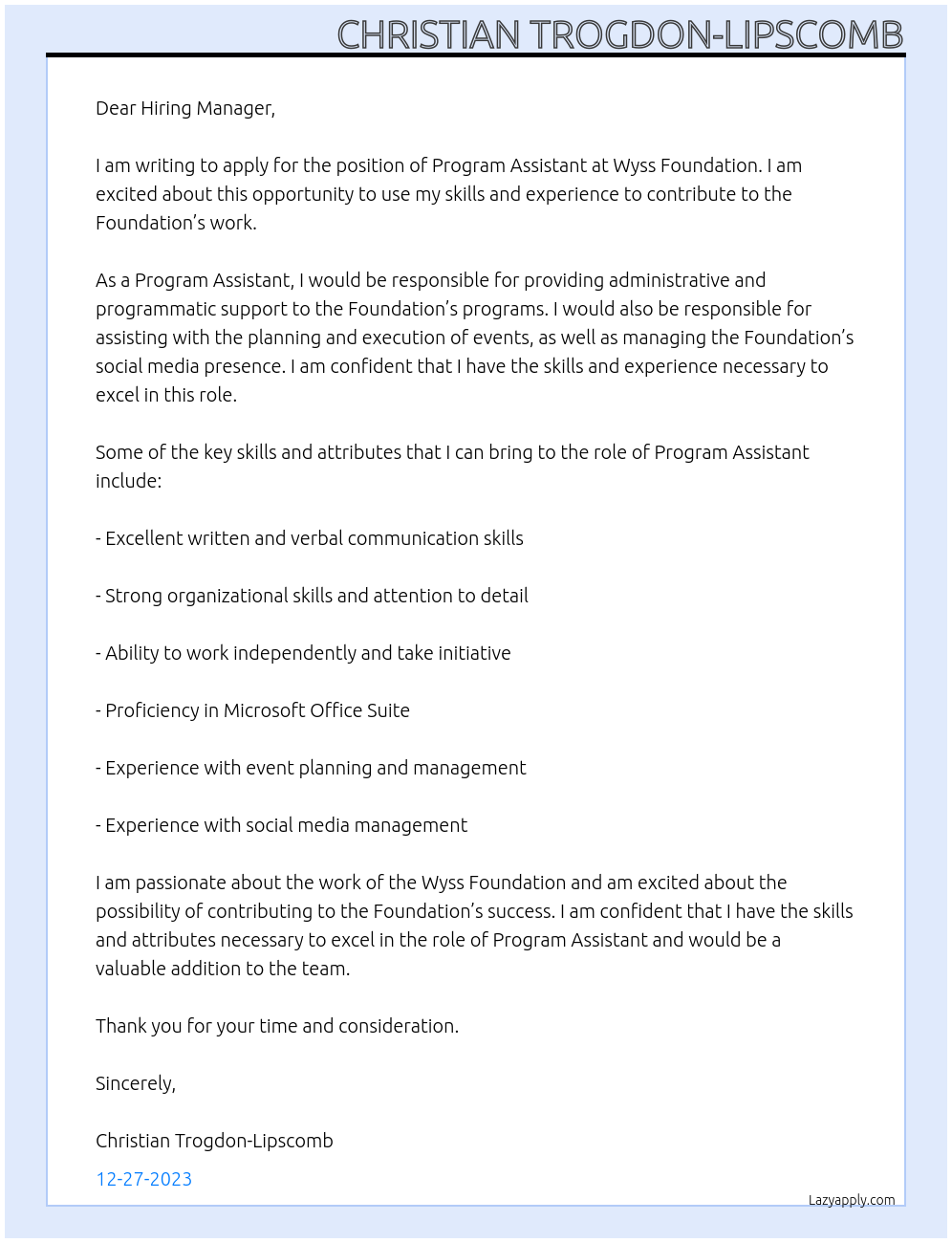 Program Assistant At Wyss Foundation Cover Letter