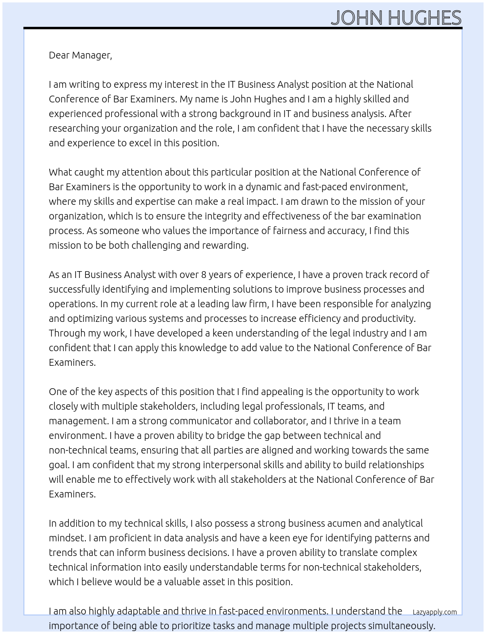IT Business Analyst At National Conference of Bar Examiners Cover Letter