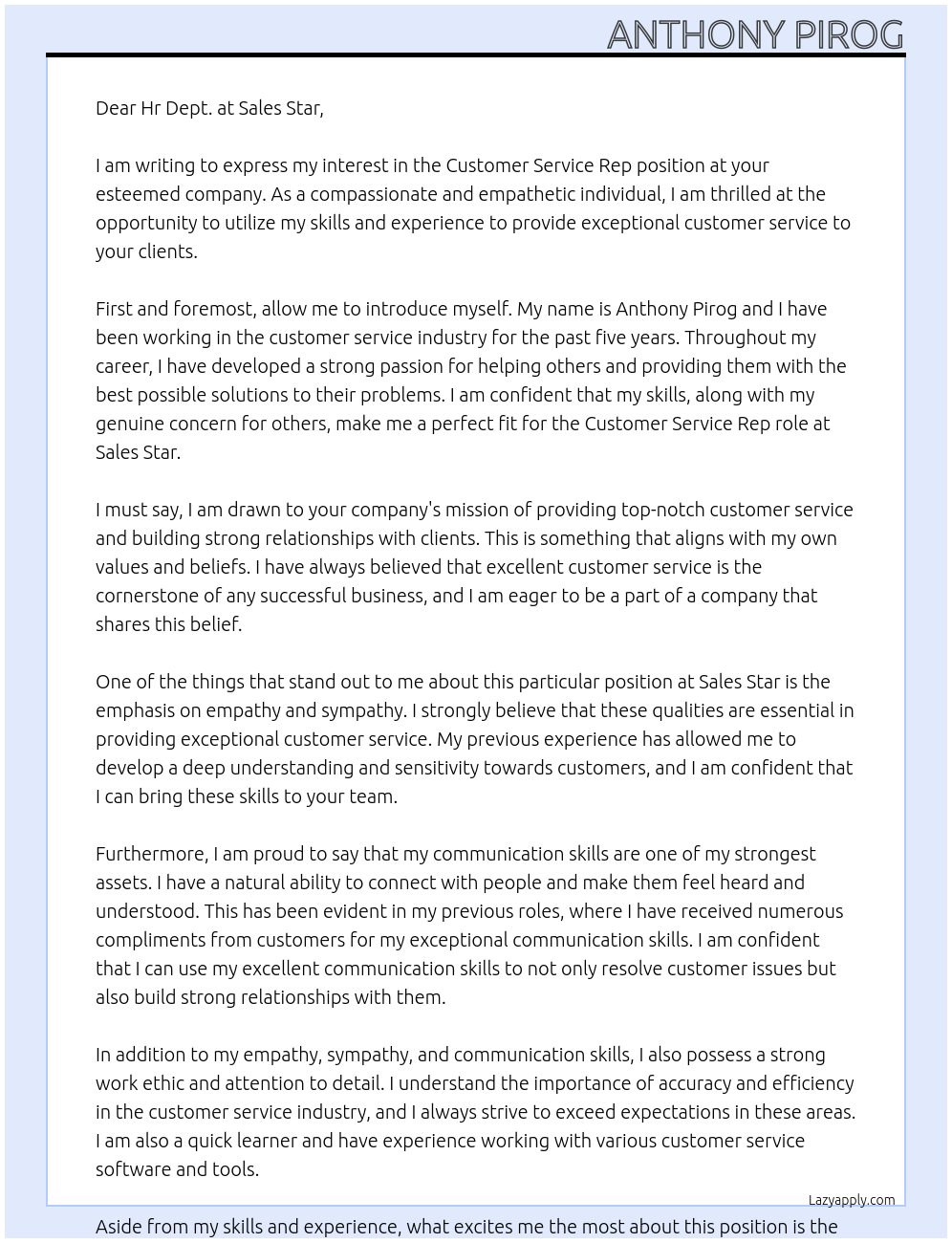 Customer Service Rep. At Sales Star Cover Letter