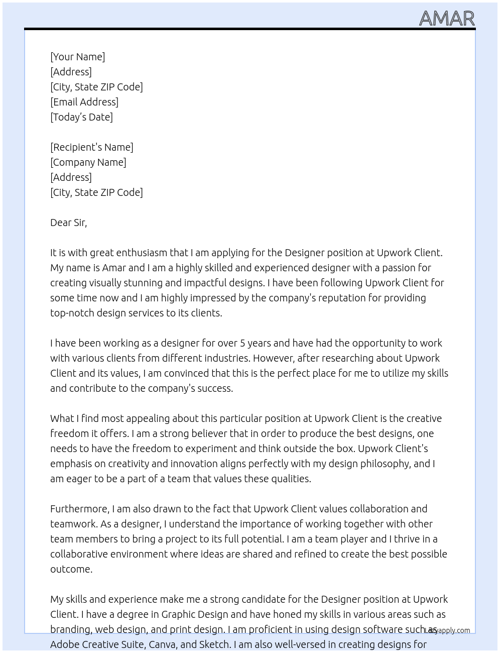 Designer At Upwork Client Cover Letter