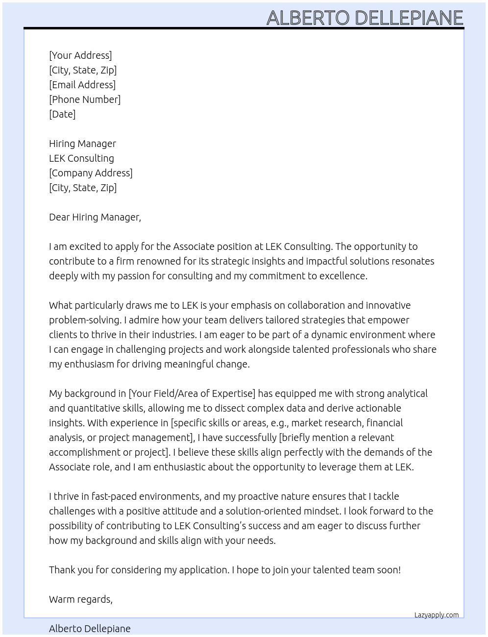 Associate At LEK Consluting Cover Letter