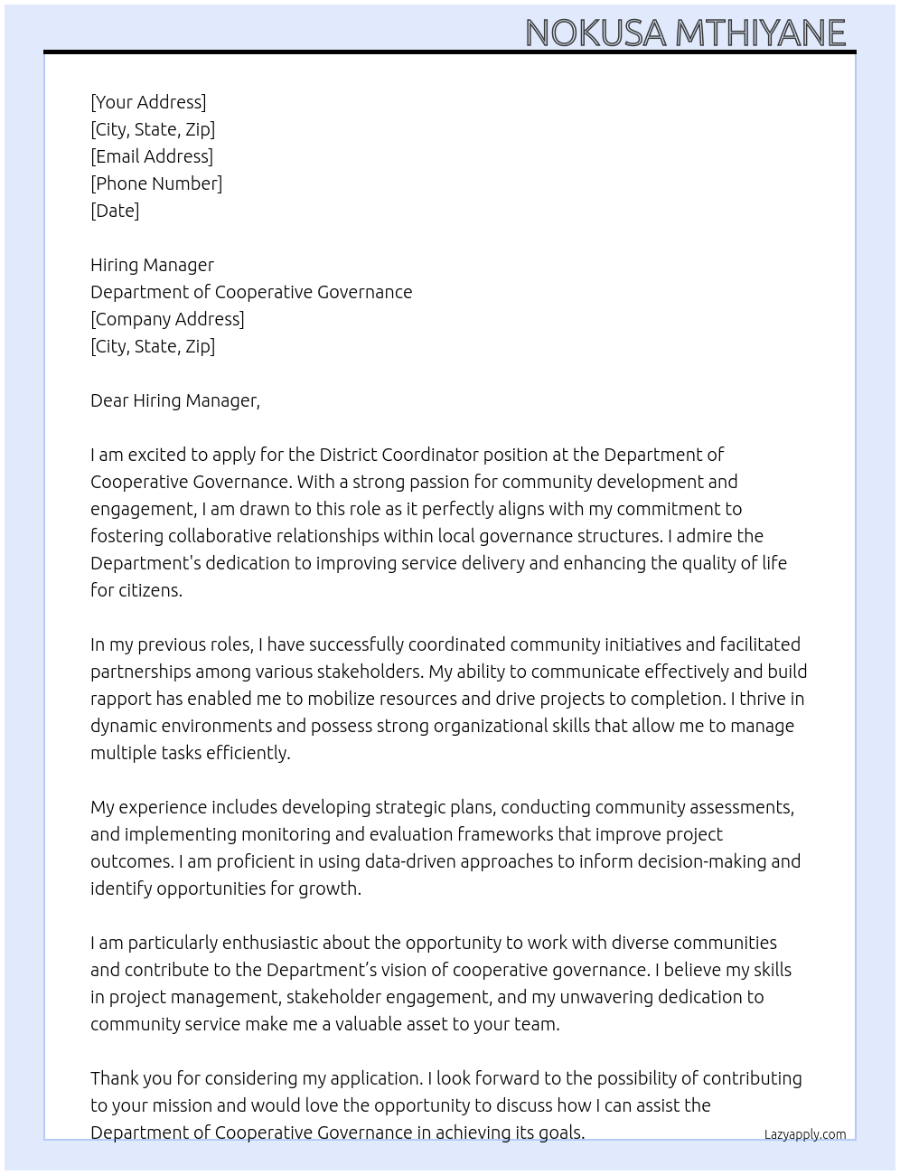 District Coordinator At Department of Cooperative Governance Cover Letter