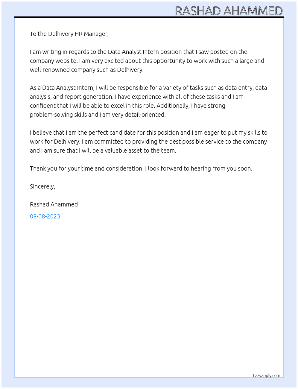 Data Analyst Intern At Delhivery Cover Letter