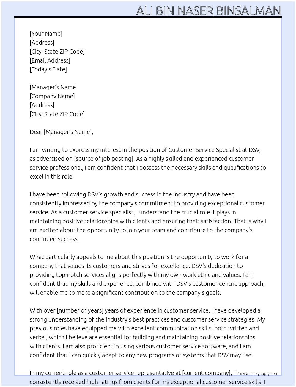 Customer service specialist At DSV Cover Letter