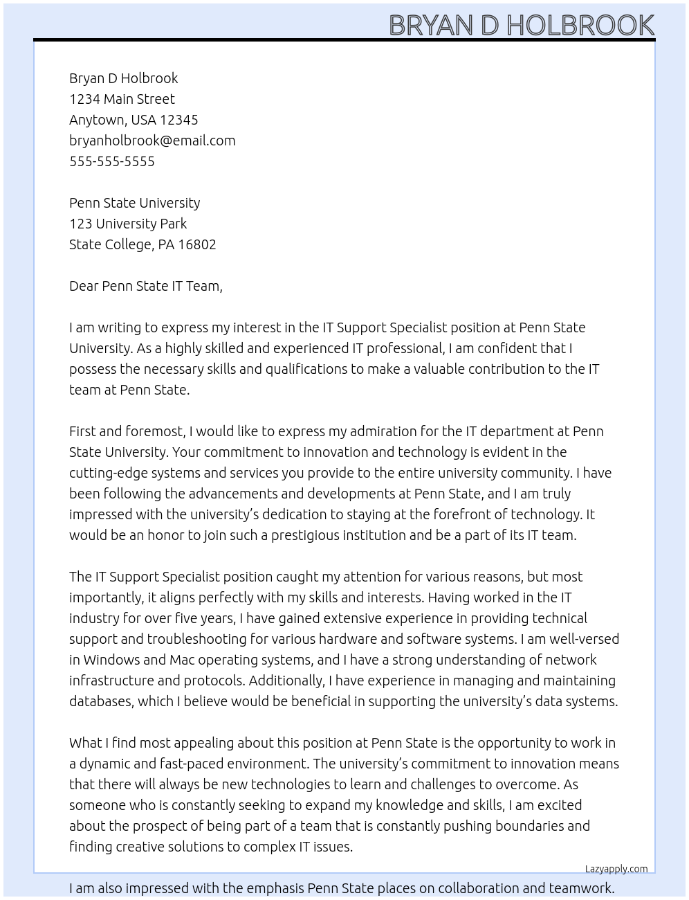 IT Support Specialist At Penn State University Cover Letter